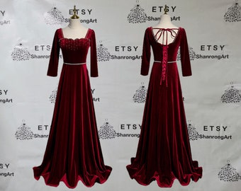 2023 Elegant Burgundy Flannelette Long Sleeves Beaded Long Formal Evening Dress Women’s Prom Wedding Party Mother of the bride Dresses Gowns