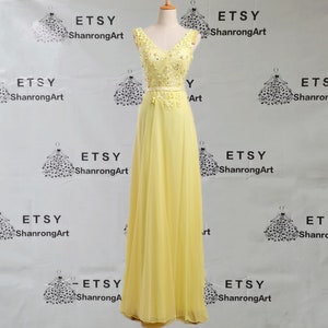 Gorgeous Yellow Chiffon Lace Flower Beaded Custom Made Handmade Formal Evening Dress Bridesmaid Dresses Women’s Wedding Prom Party Gowns