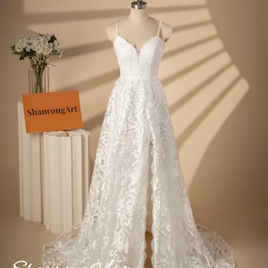 Illusion Eyelash Lace Wedding Dress with Slit Up, Deep Plunge Wedding Dress, High Collar Wedding Dress with Full Lace Back Boho Bridal Gowns