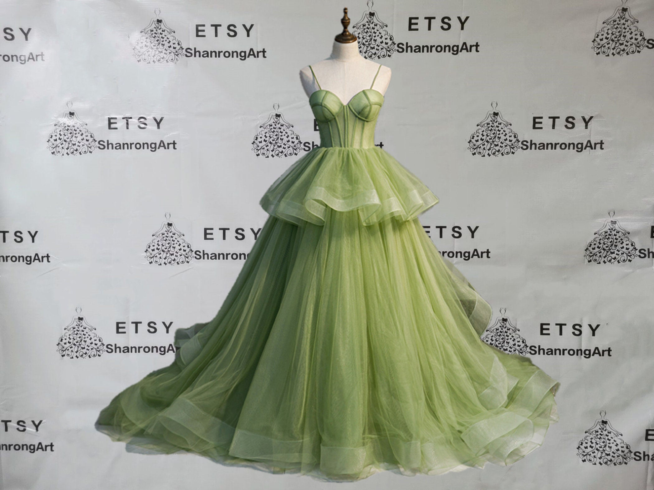 Sage Spaghetti Straps Tulle Bones Sweet 16 Quinceanera Handmade