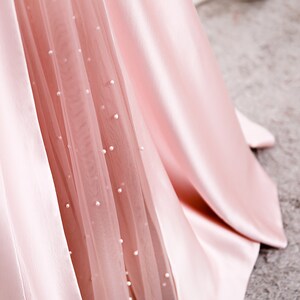 Elegant Blush Pink Strapless Satin Pearl Tulle Fold Pleated Split Up Long Formal Evening Dress Womens Prom Wedding Party Bridesmaid Dresses image 7