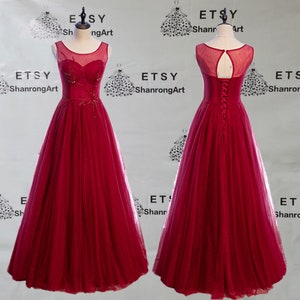 High Quality Wine Red Tulle Crew Beading Sequins Corset Closure Long Formal Evening Dress Women’s Prom Wedding Party Celebrity Dresses Gowns