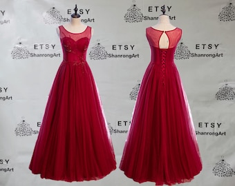 High Quality Wine Red Tulle Crew Beading Sequins Corset Closure Long Formal Evening Dress Women’s Prom Wedding Party Celebrity Dresses Gowns