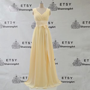 V Neck Yellow Pleated Ruched Chiffon Simple Long Custom Made Formal Evening Dress Bridesmaid Dresses Womens Wedding Prom Party Gown Sashes image 3