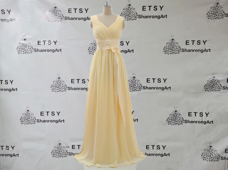 V Neck Yellow Pleated Ruched Chiffon Simple Long Custom Made Formal Evening Dress Bridesmaid Dresses Womens Wedding Prom Party Gown Sashes image 3