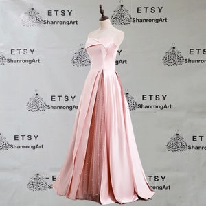 Elegant Blush Pink Strapless Satin Pearl Tulle Fold Pleated Split Up Long Formal Evening Dress Womens Prom Wedding Party Bridesmaid Dresses image 2