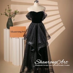 Vintage Black Sparkle Tulle Flannelette with Off the Shoulder Handmade Formal Evening Dresses Women&#39;s Prom Wedding Party Dress Ball Gowns