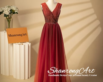 2025 Colorful Ombre V Neck Tulle Beading Belt Sleeveless Long Custom Bridesmaid Formal Evening Dress Women’s Prom Wedding Party Dresses Gown