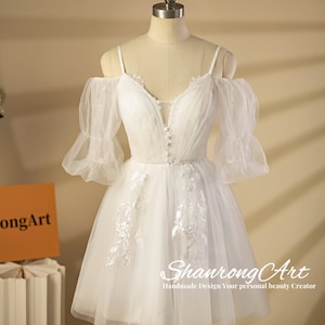 Vestido de regreso a casa corto vintage, vestido de novia de cóctel de fiesta para niñas de mujer, tirantes finos, tul de encaje marfil, mangas abullonadas con hombros descubiertos