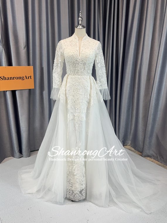 High Neck Lace Wedding Dress, Long Sleeves, Removable Tulle Tail High Neck Lace Wedding Dress, Long Sleeves, Removable Tulle Tail