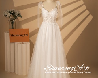 Boho Wedding Dress with Tulle Straps and Embellished Sweetheart Neck, A Line Wedding Dresses with Dot Tulle Skirt, White Ivory Bridal Gown