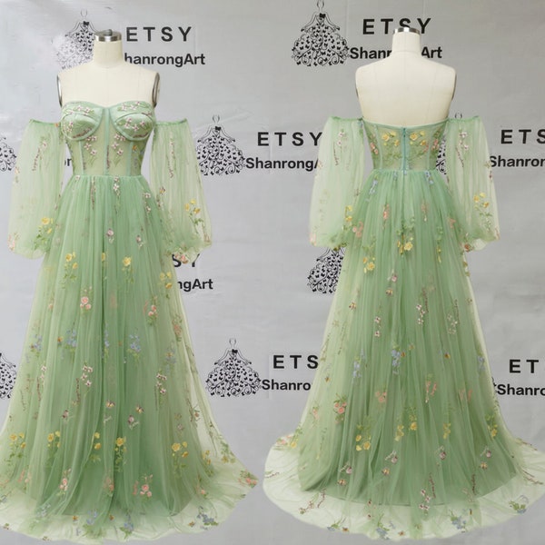 Vintage Sweetheart Green Embroidery Floral Flower Lace Puffy Long Sleeves Sheer Formal Evening Dress Women’s Prom Wedding Party Dresses 2024