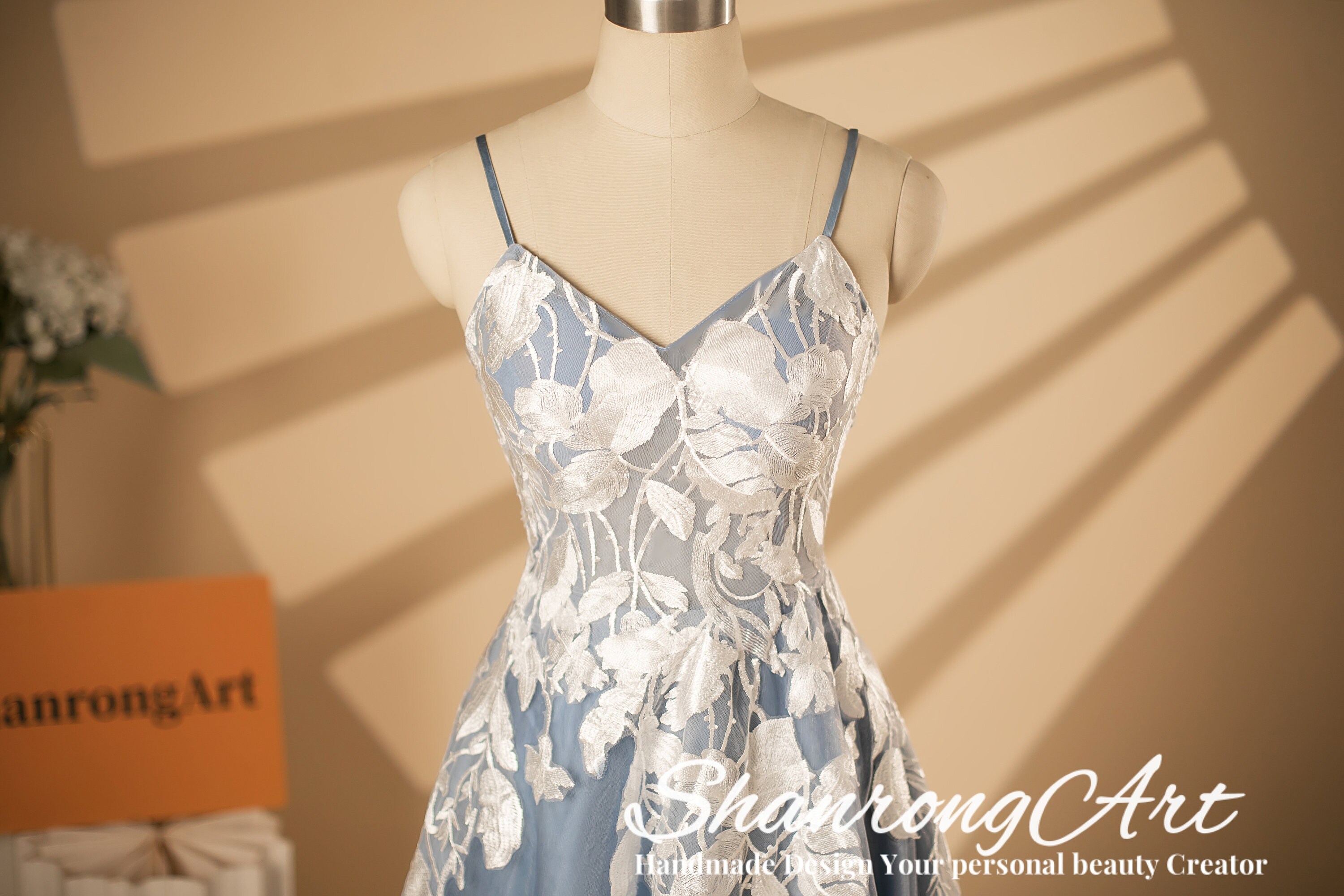 Bridal Gown Dusty Blue Tulle Skirt, Corset Sheer Sexy Ivory Lace Formal Evening Wedding Dress, Floral Bridal Gowns with Spaghetti Straps