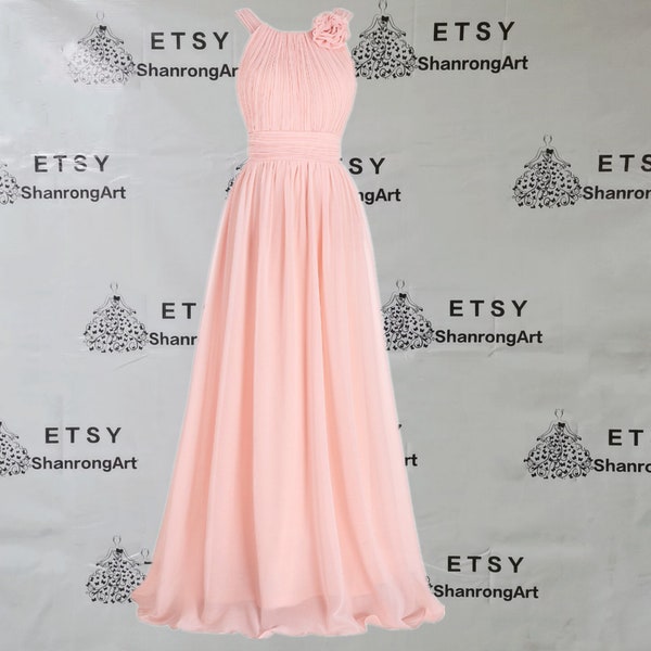 Scoop Pink Pleated Ruched Chiffon Flower Long Custom Made Formal Evening Dress Junior Bridesmaid Dresses Women’s Wedding Prom Party Gowns