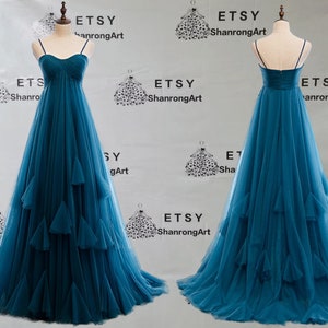 Luxury Spaghetti Straps Tulle Fold Ruched Tiered Brush Trailing Long Handmade Formal Evening Dress Women’s Prom Wedding Party Dresses Gowns