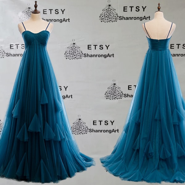 Luxury Spaghetti Straps Tulle Fold Ruched Tiered Brush Trailing Long Handmade Formal Evening Dress Women’s Prom Wedding Party Dresses Gowns