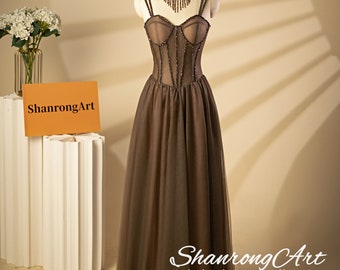 Vintage Grey Tulle A Line Bones Beaded with Neckline Handmade Homecoming Cocktail Formal Evening Dress Women’s Prom Wedding Party Dresses
