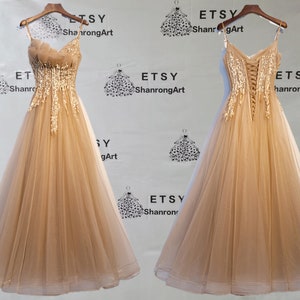 Gold Vintage Tulle Lace Appliques Beaded Sequins Long New Custom Handmade Bridesmaid Formal Evening Dress Women’s Prom Wedding Party Dresses