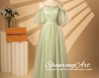 Spaghetti-Trägern Sage Tüll mit kurzen Ärmeln bodenlangen benutzerdefinierten handgefertigten Brautjungfer-formales Abendkleid-Frauen-Abschlussball-Hochzeitsfest-Kleider