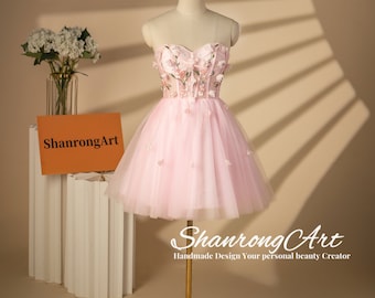 Handgemachte Mini Rosa Tüll Kleid mit Blumen Perlen