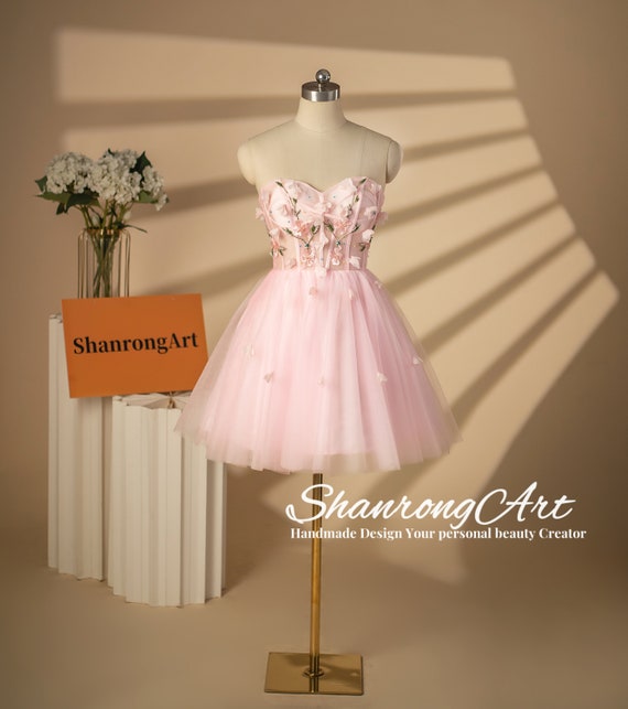 Flowers Short Mini Pink Strapless Homecoming Dress Flowers Short Mini Pink Strapless Homecoming Dress
