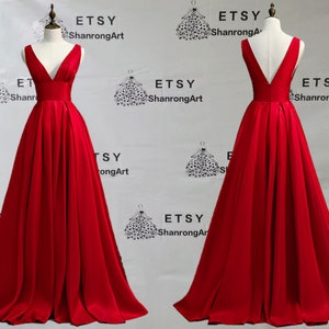 Sexy Deep V Neck Red Satin Zipper Back A Line Fold Floor Length Custom Handmade Formal Evening Dress Women’s Prom Wedding Party Dresses Gown