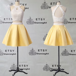 Two Piece Set Halter Satin Crystal Beaded New Mini Custom Made Handmade Homecoming Dress Bridesmaid Dresses Women’s Wedding Prom Party Gowns