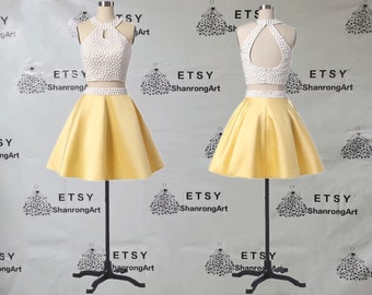 Two Piece Set Halter Satin Crystal Beaded New Mini Custom Made Handmade Homecoming Dress Bridesmaid Dresses Women’s Wedding Prom Party Gowns