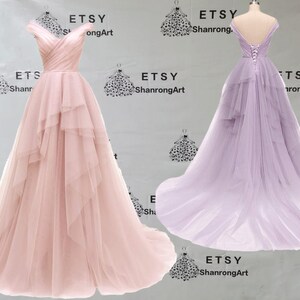 Pink White Off the Shoulder Tulle Pleated Tiered with Training Handmade Homecoming Formal Evening Dress Women’s Prom Wedding Party Dresses