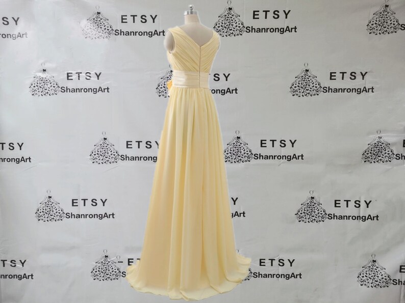 V Neck Yellow Pleated Ruched Chiffon Simple Long Custom Made Formal Evening Dress Bridesmaid Dresses Womens Wedding Prom Party Gown Sashes image 5