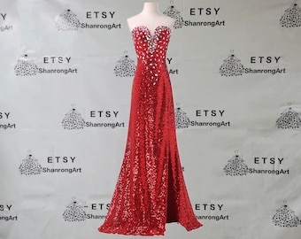 Red Sequin Lace Crystal Beaded Split Up Vintage Long Custom Made Formal Evening Dress Bridesmaid Dresses Women’s Wedding Prom Party Gowns