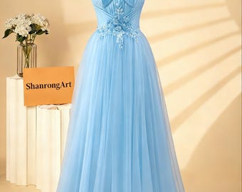Light Blue Tulle Prom Dress, Ruched Evening Gown with Appliques