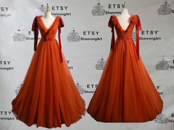 Orange Tulle V Neck Fold Prom Dress Flannelette Sashes Belt Lace