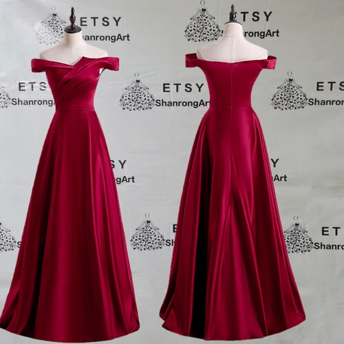 Simple Wine Red Satin Off the Shoulder shops Ruched Zipper Long Handmade Formal Evening Dress Women’s Prom Wedding Party Celebrity Dresses Gowns