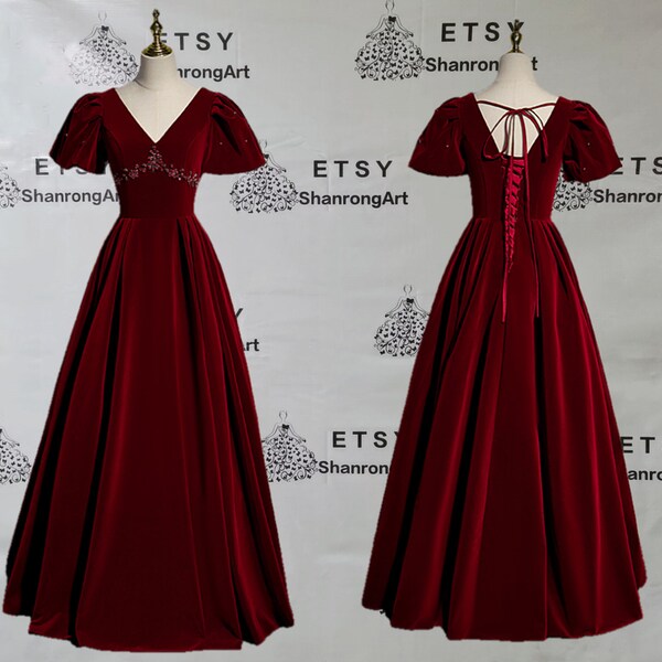 Elegant Burgundy Flannelette V Neck Short Sleeves Crystal Beaded Long Formal Evening Dress Women’s Prom Wedding Party Celebrity Dresses Gown