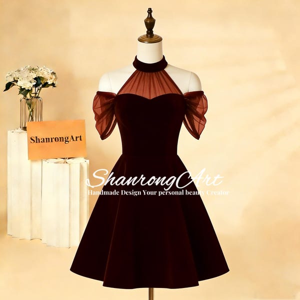 Handmade Burgundy Velvet Mini Homecoming, Cocktail Prom Gown Dress, Halter Neck Sheer Sleeves