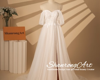 Wedding Dress with Slit Up, Dotted Tulle Wedding Dresses, Lace Bridal Gowns, Sweetheart Off the shoulder Corset Bridal Gown with Slit Skirt