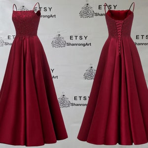 Burgundy Satin Appliques A Line Lace Up Back Spaghetti Straps Floor Length Bridesmaid Women's Dresses Wedding Party Prom Dress with Pockets