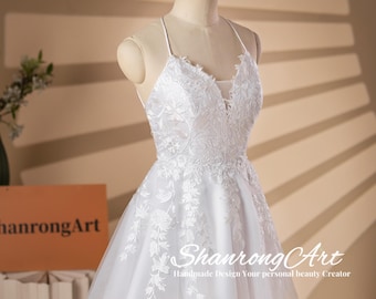 Plunge Neck Cocktail Brautjungfer Kleid Prinzessin Weiß Tüll Spaghetti-Trägern Heimkehr Kleider, Mini-Hochzeitskleid mit Spitze Applikationen