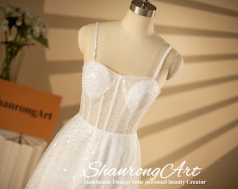 Handmade Sequin Tulle Wedding Dress, Evening Sheer Neck Bridal Gown