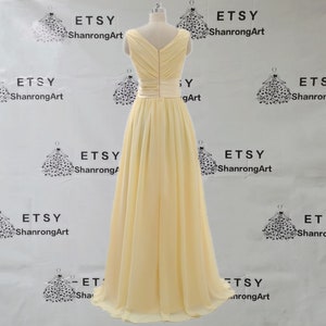 V Neck Yellow Pleated Ruched Chiffon Simple Long Custom Made Formal Evening Dress Bridesmaid Dresses Womens Wedding Prom Party Gown Sashes image 2