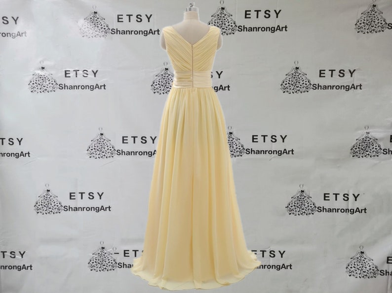 V Neck Yellow Pleated Ruched Chiffon Simple Long Custom Made Formal Evening Dress Bridesmaid Dresses Womens Wedding Prom Party Gown Sashes image 2
