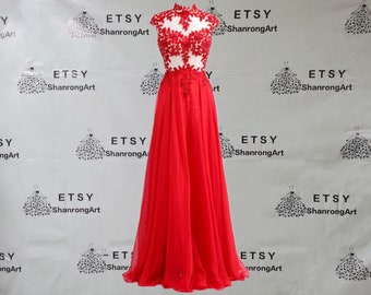 High Neck Appliqué Red Chiffon 2024 Floor Length Tulle Custom Made Formal Evening Dress Bridesmaid Dresses Women’s Wedding Prom Party Gowns