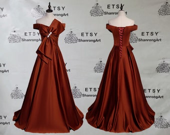 Burnt Orange Satin Off Shoulder Big Bowknot Sleeveless Long Girls Bridesmaid Formal Evening Dress Women’s Prom Wedding Party Dresses Gowns