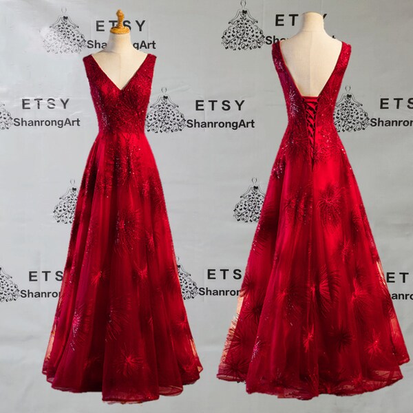Charming Deep V Neck Red Lace Open Back Lace up Floor Length Custom Formal Evening Dress Women’s Prom Wedding Party Celebrity Dresses Gowns