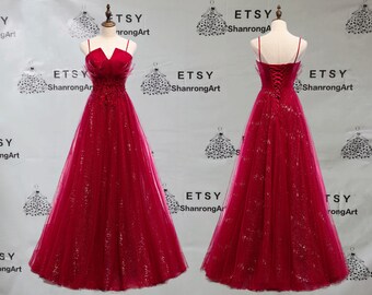 2024 Red Tulle V Neck Straps Sequins Sparkle Lace Handmade Long Girl Formal Evening Dress Women’s Prom Wedding Party Celebrity Dresses Gowns