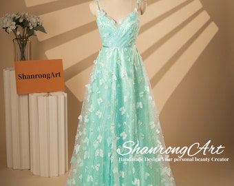 Luxury V Neck Butterfly Lace Prom Formal Dresses, Handmade Women’s Wedding Party Dress with Split Up , Green Lace Wedding Gowns with Straps