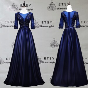 Elegant Navy Tulle Satin Mother of the bride Dress 3/4 Sleeves Appliques Beading Women's Wedding Party Dresses Formal Evening Dresses Gowns