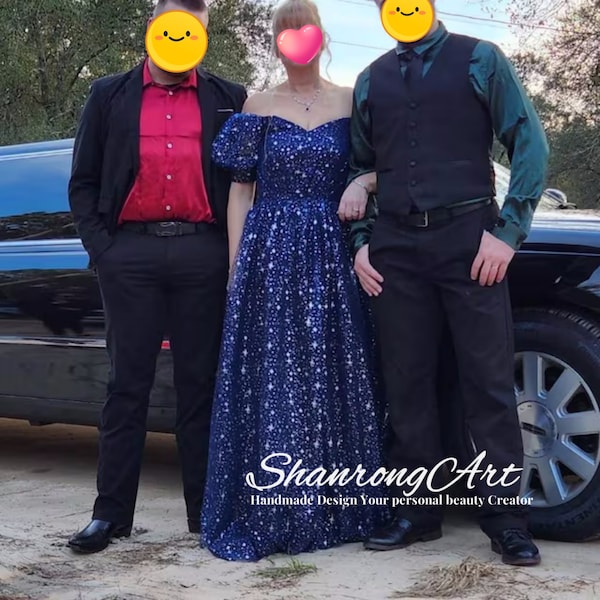 Handmade Sparkle Lace Prom Dress: Navy Blue Evening Gown