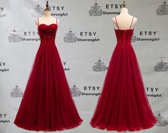 Red Spaghetti Straps Tulle Beading Sequins Crystal Long Custom Handmade Made Formal Evening Dress Women’s Prom Wedding Party Dresses Gowns